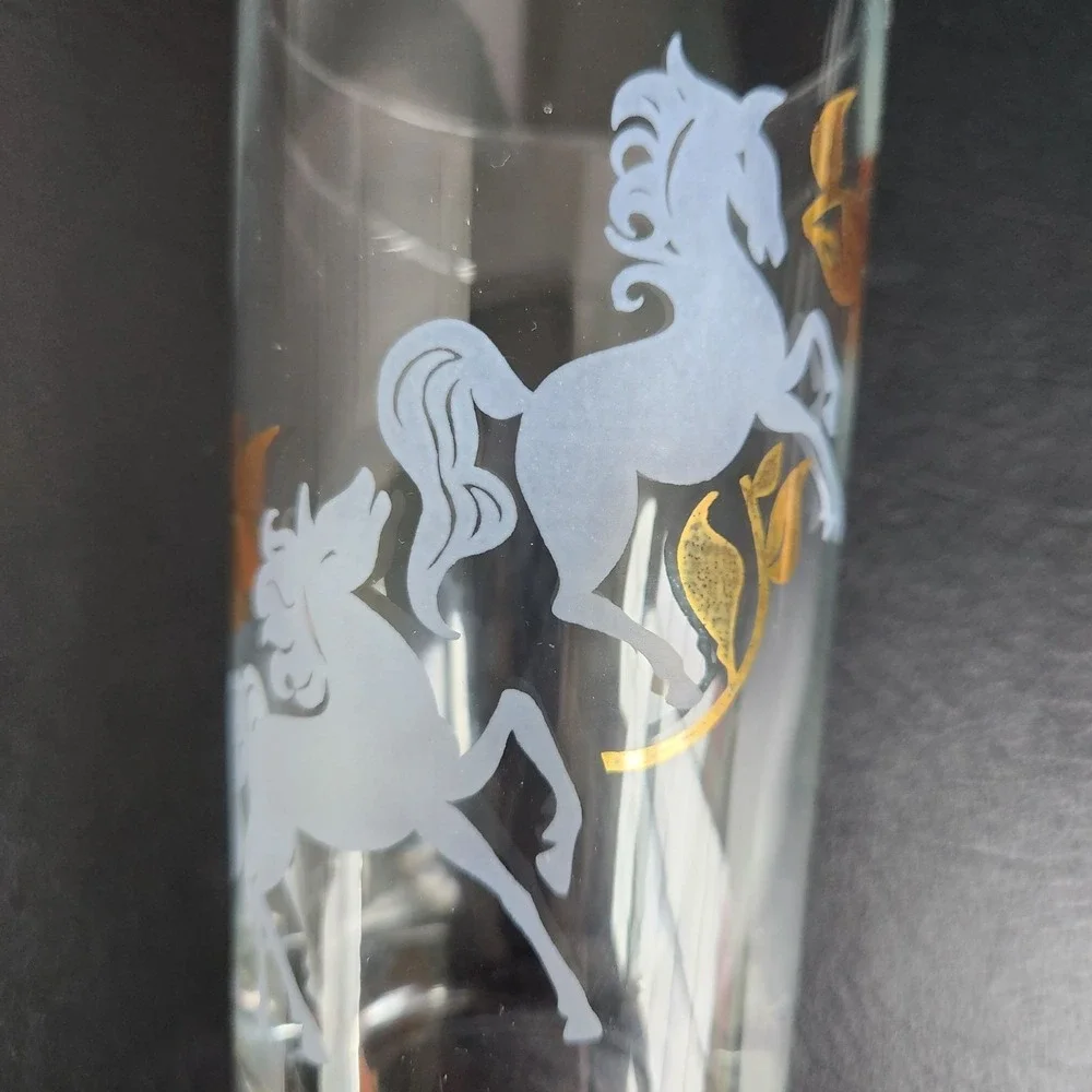 Vintage MCM Libbey Prancing Colts Frosted Highball Glass Set of 8 Barware Gold